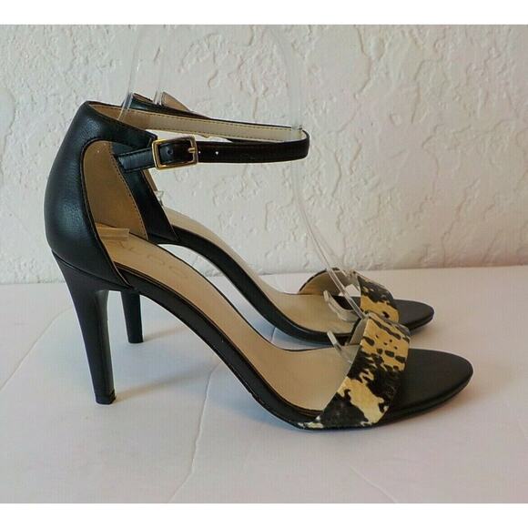 Aldo Black Sandals 6.5 M Stilettos Heel Ankle Strap Faux Leather Animal Print - Picture 12 of 12